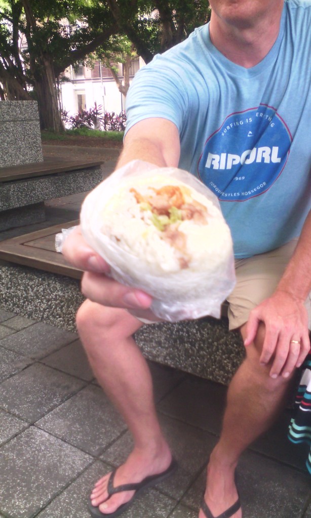 Traditional Tawainese breakfast of pork and vegetables in a ball of rice