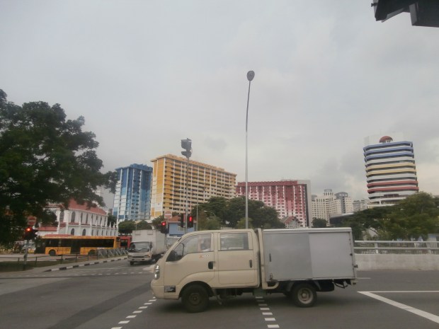 Cute, colorful buildings and a truck